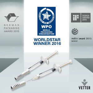 The World Packaging Organization (WPO) has awarded Vetter the WorldStar award 2016 for its syringe closure system Vetter-Ject.